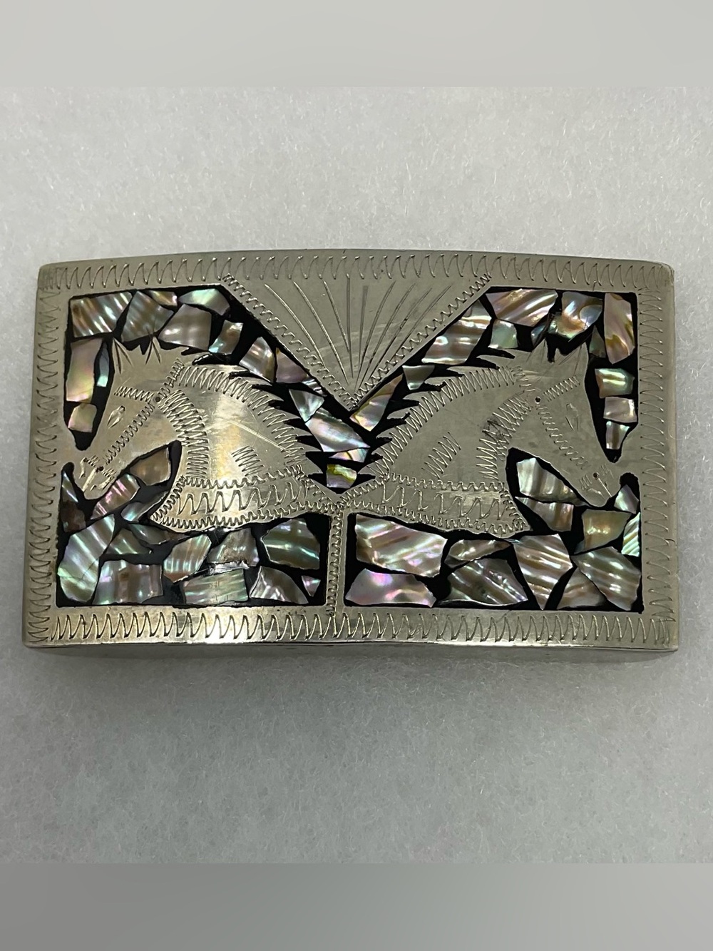 Vintage Mexican Abalone Inlay Belt Buckle Horse Motif Alpaca Silver Mexico